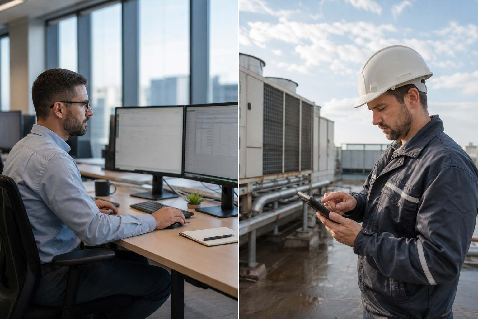 Corporate Duality Office Desk And Rooftop Fieldwork