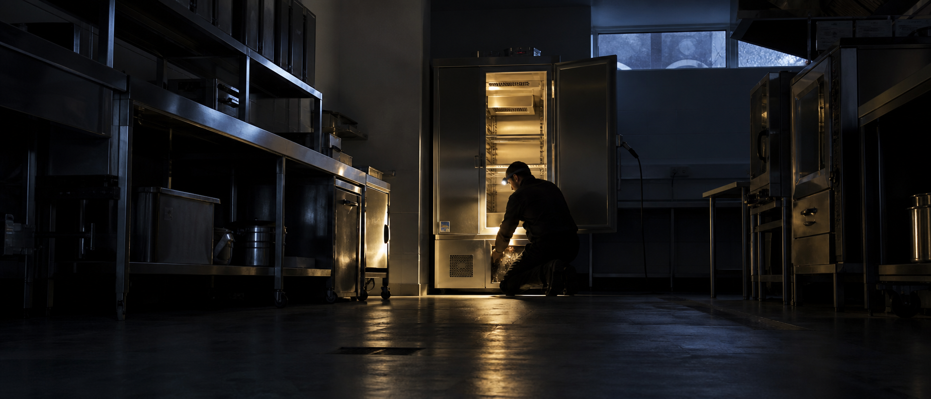 Engineer Inspecting Dark Fridge In Commercial Kitchen