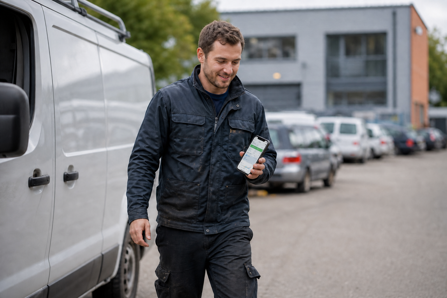 Field Engineer Checking Phone Near Industrial Van-1