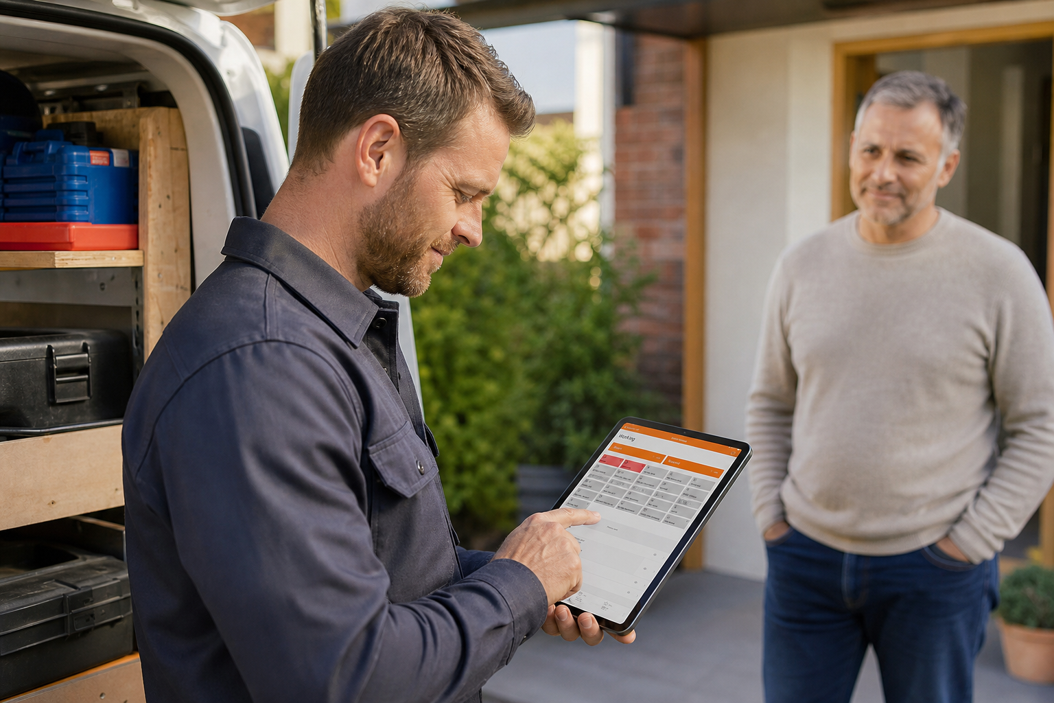 Field Engineer Signing Document At Customer Home