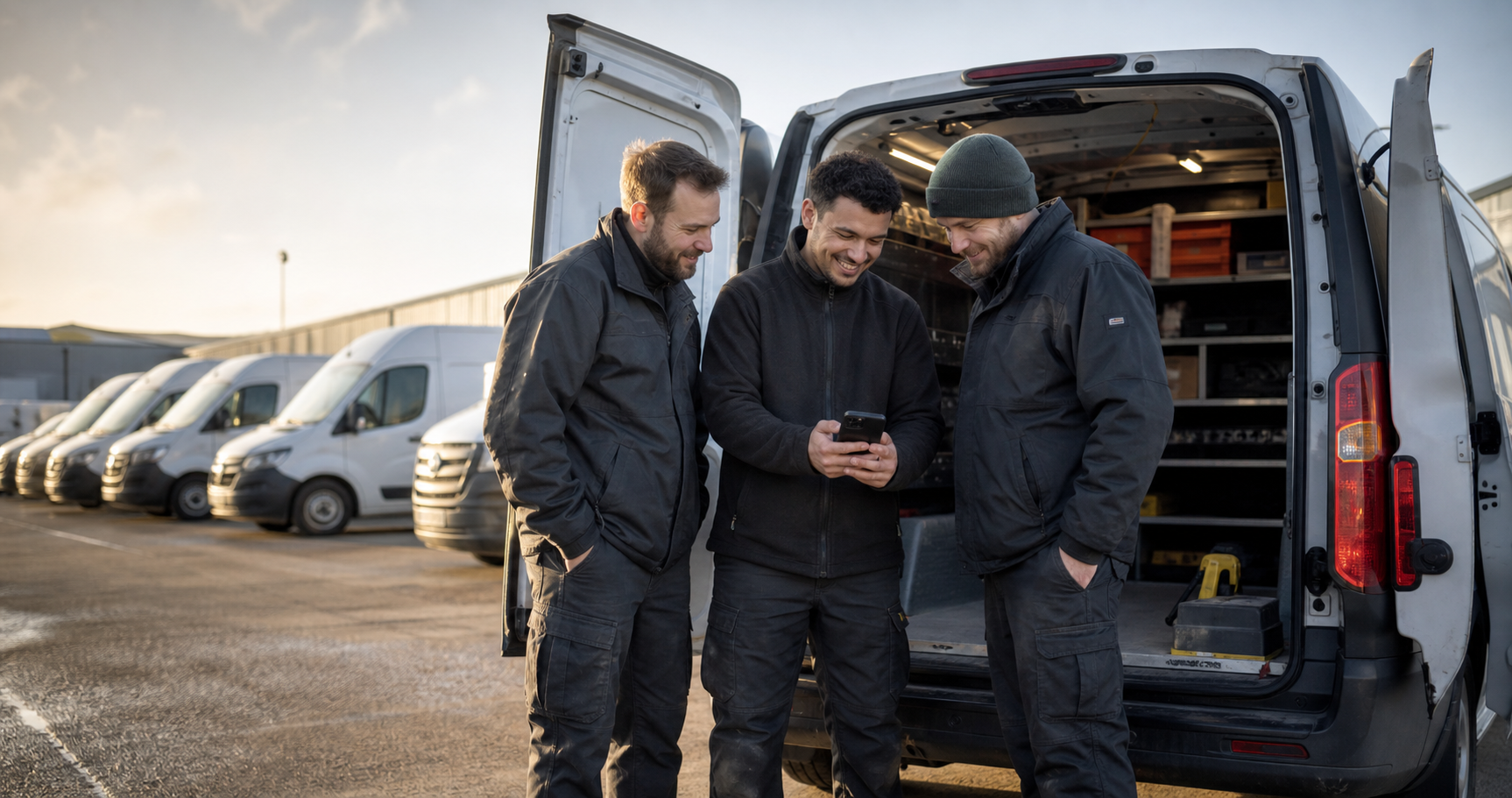 Field Engineers Reviewing Phone At UK Depot