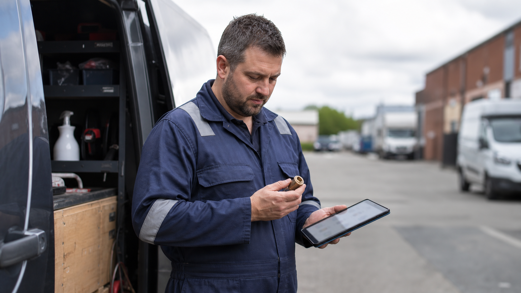 Field Service Engineer Checking Part Against Tablet