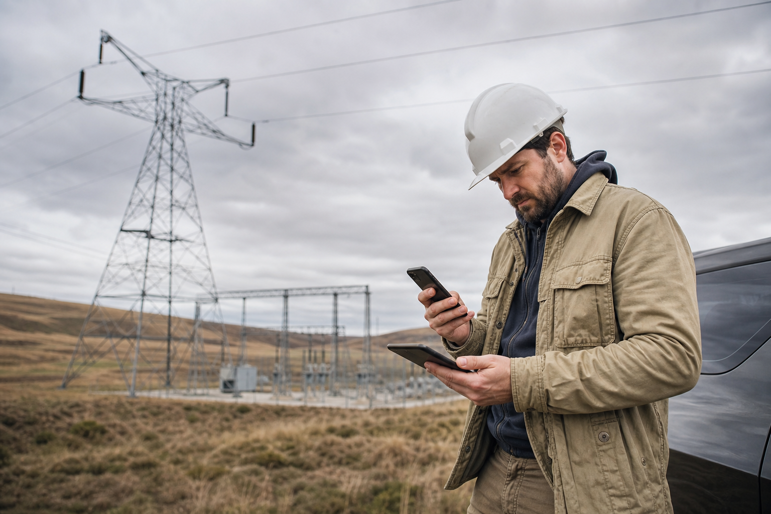 Frustrated Technician Juggling Phones Near Substation