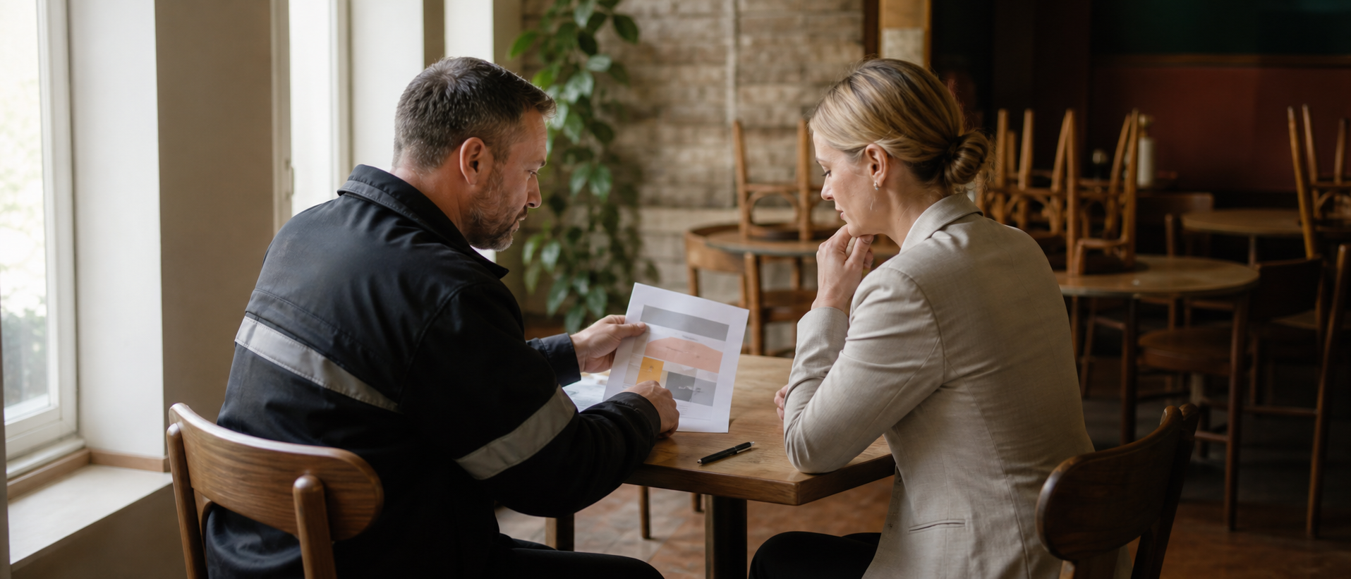 Service Engineer And Restaurant Manager At Dining Table