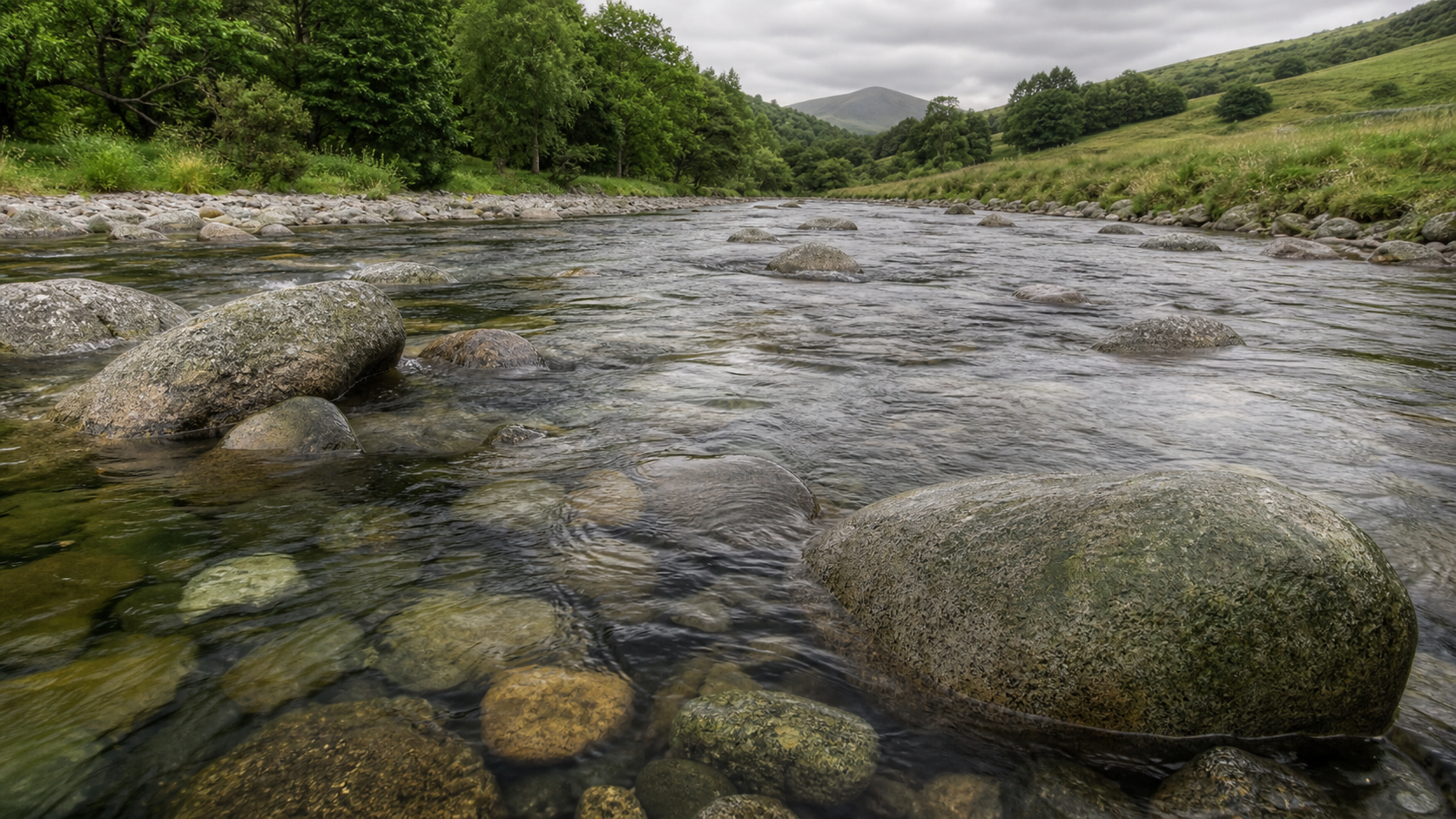 Shallow River Over Grey Rocks in Overcast Light