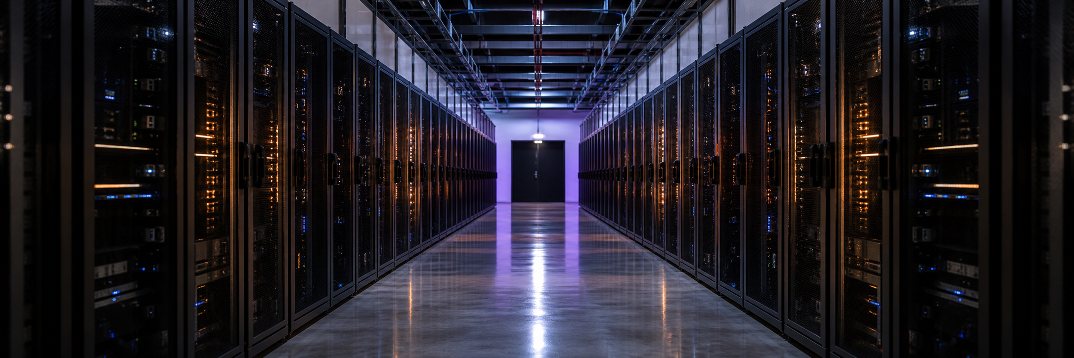 Symmetrical Server Aisle With Purple And Orange Lighting