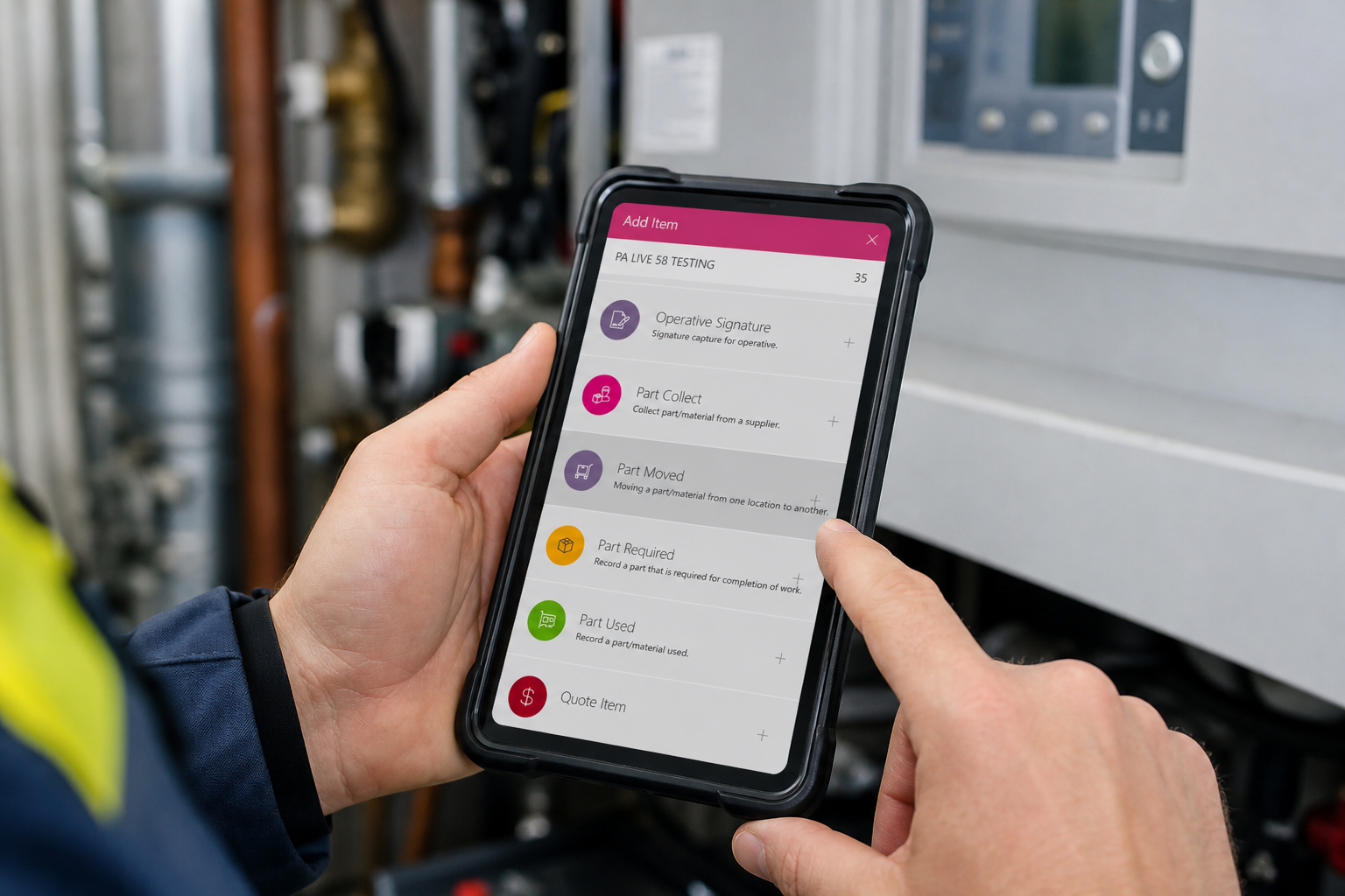 Technician Checking Boiler Workflow On Tablet