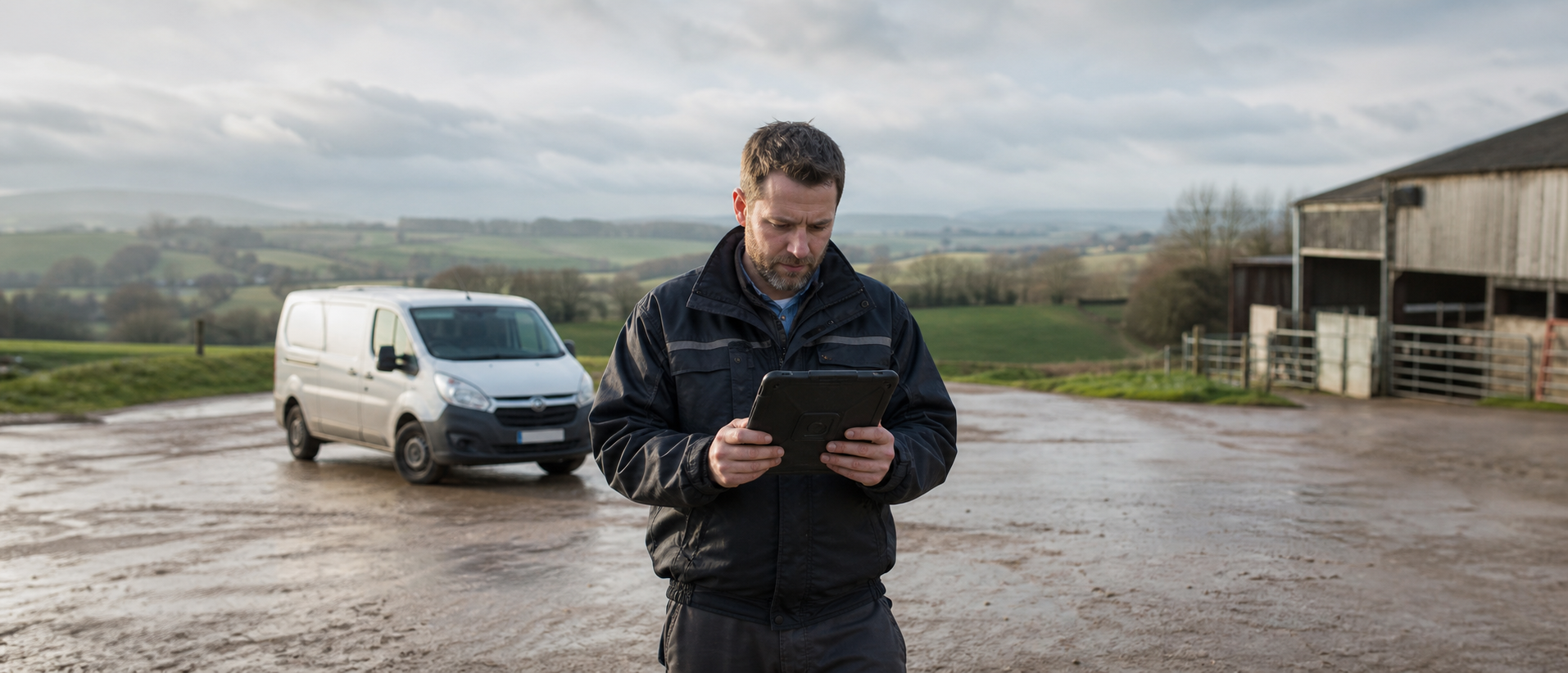 UK Field Engineer Checking Tablet In Farmyard