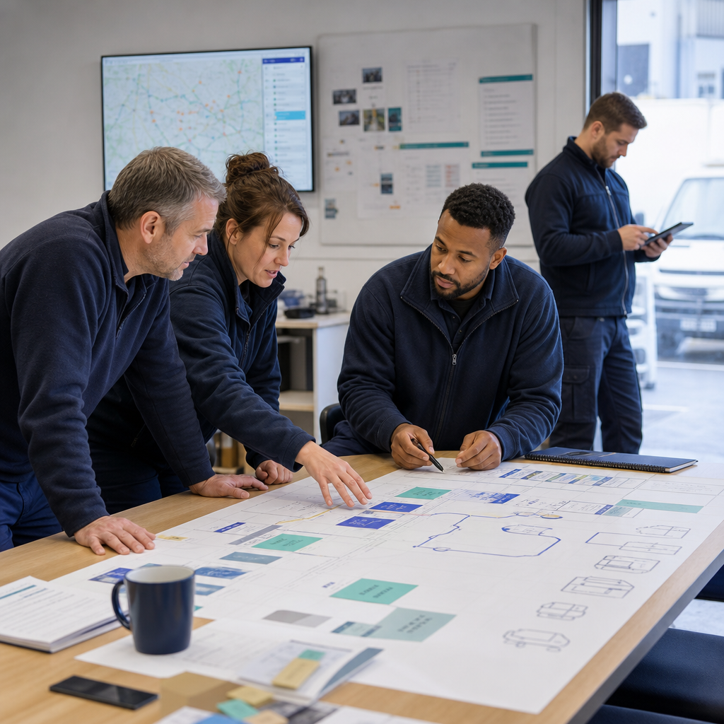 Field service team mapping a software rollout workflow